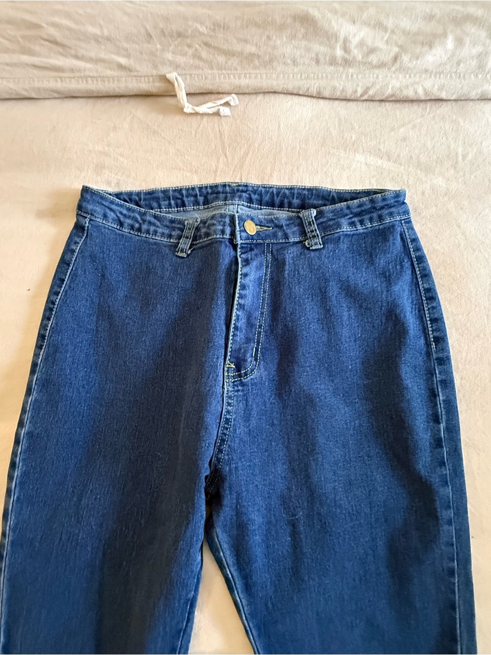 High waist Dark Blue Flared Jeans with Raw Hem - Picture 3 of 6
